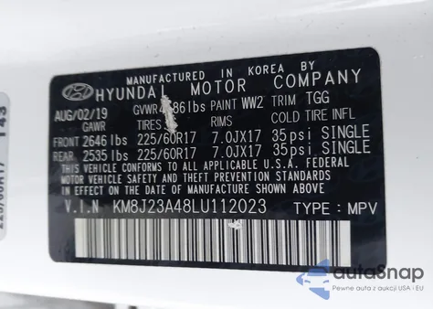 2020 Hyundai Tucson Se из США, поврежденный, VIN KM8J23A48LU112023
